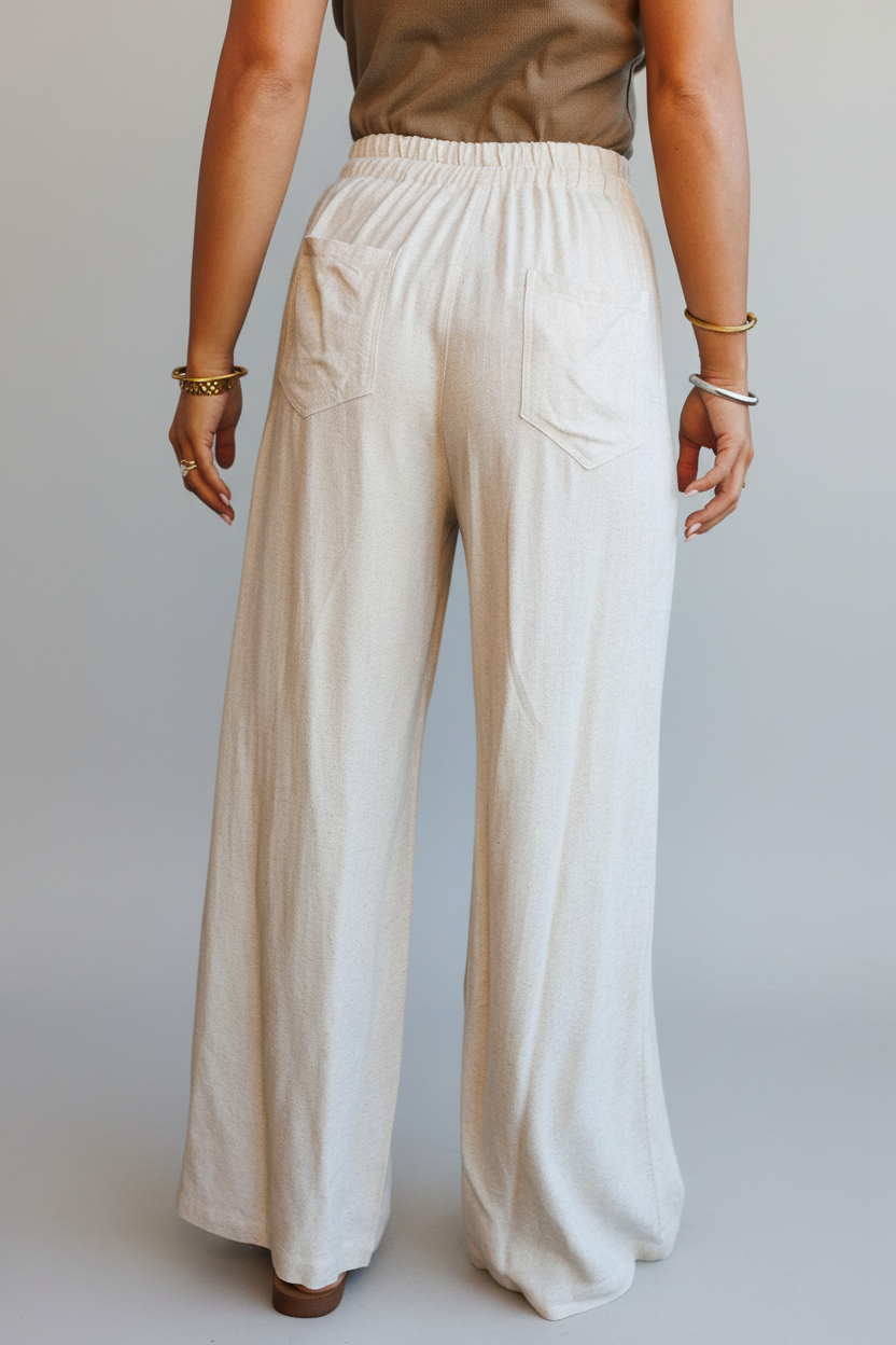 Cream Button-Front Wide-Leg Pants