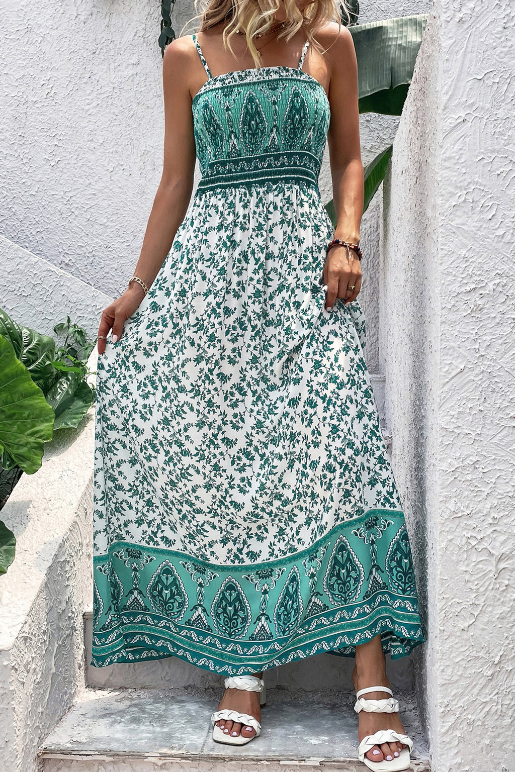 Teal and White Border Print Maxi Dress