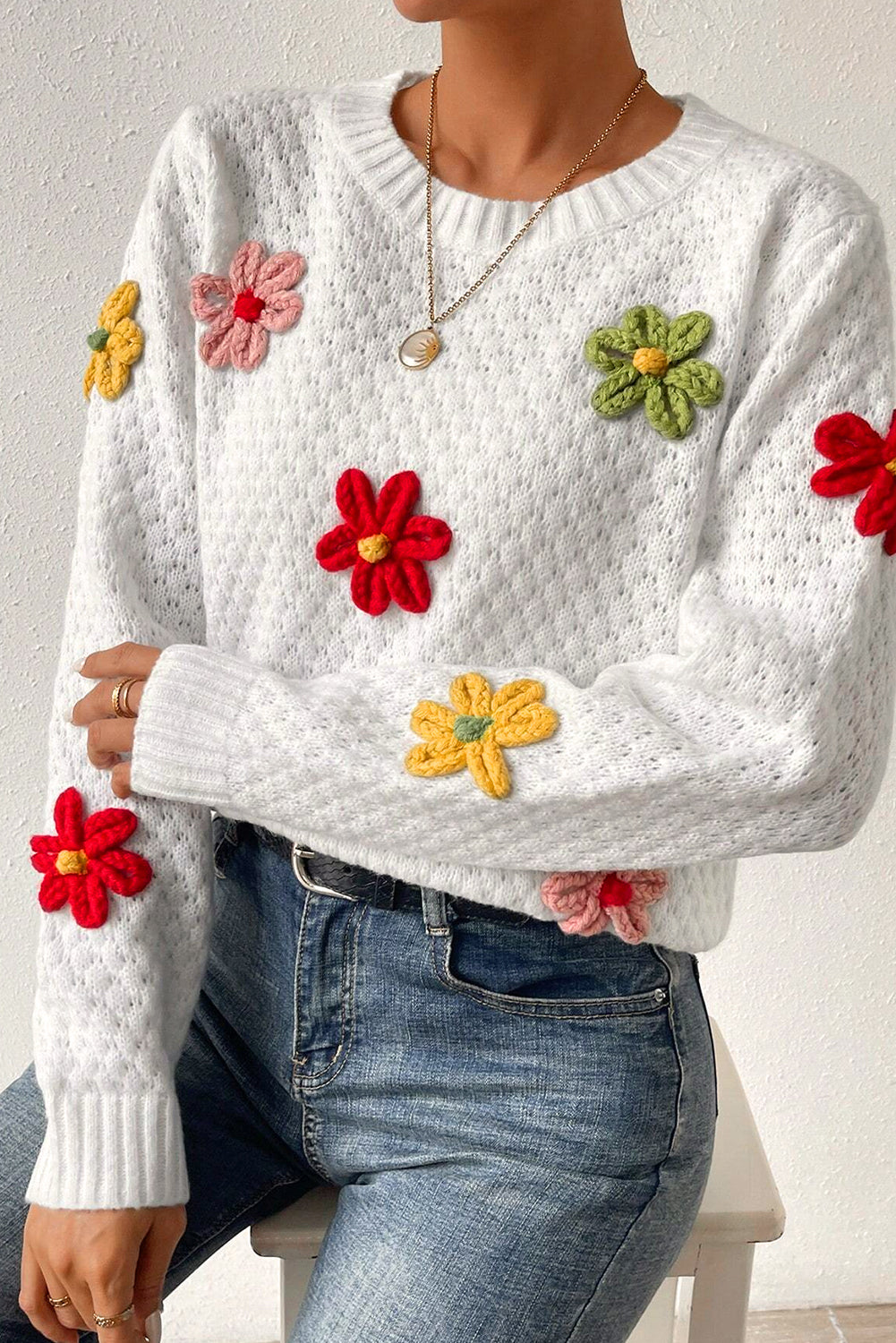 White Crochet Floral Applique Knit Sweater
