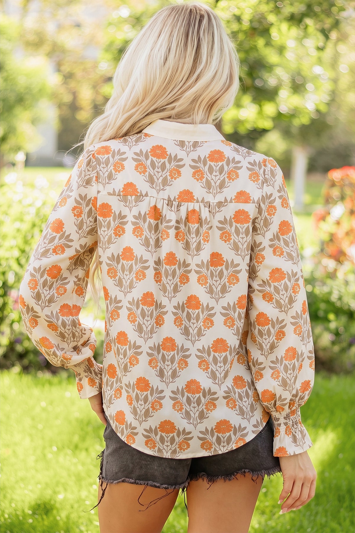 Vanilla Marigold Floral Ruffle Cuff Blouse