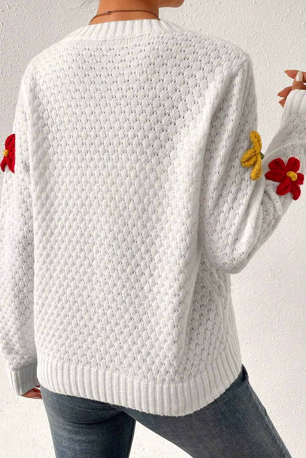 White Crochet Floral Applique Knit Sweater