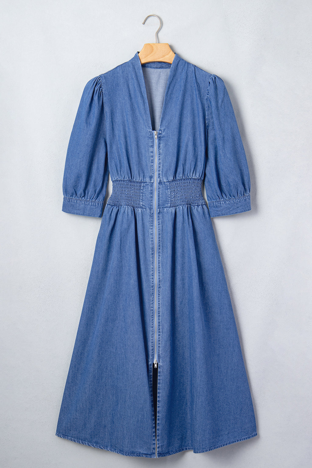 Mid Wash Denim Zip Front Midi Dress