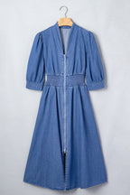 Mid Wash Denim Zip Front Midi Dress