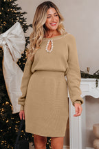 Latte Pearl-Embellished Keyhole Knit Dress