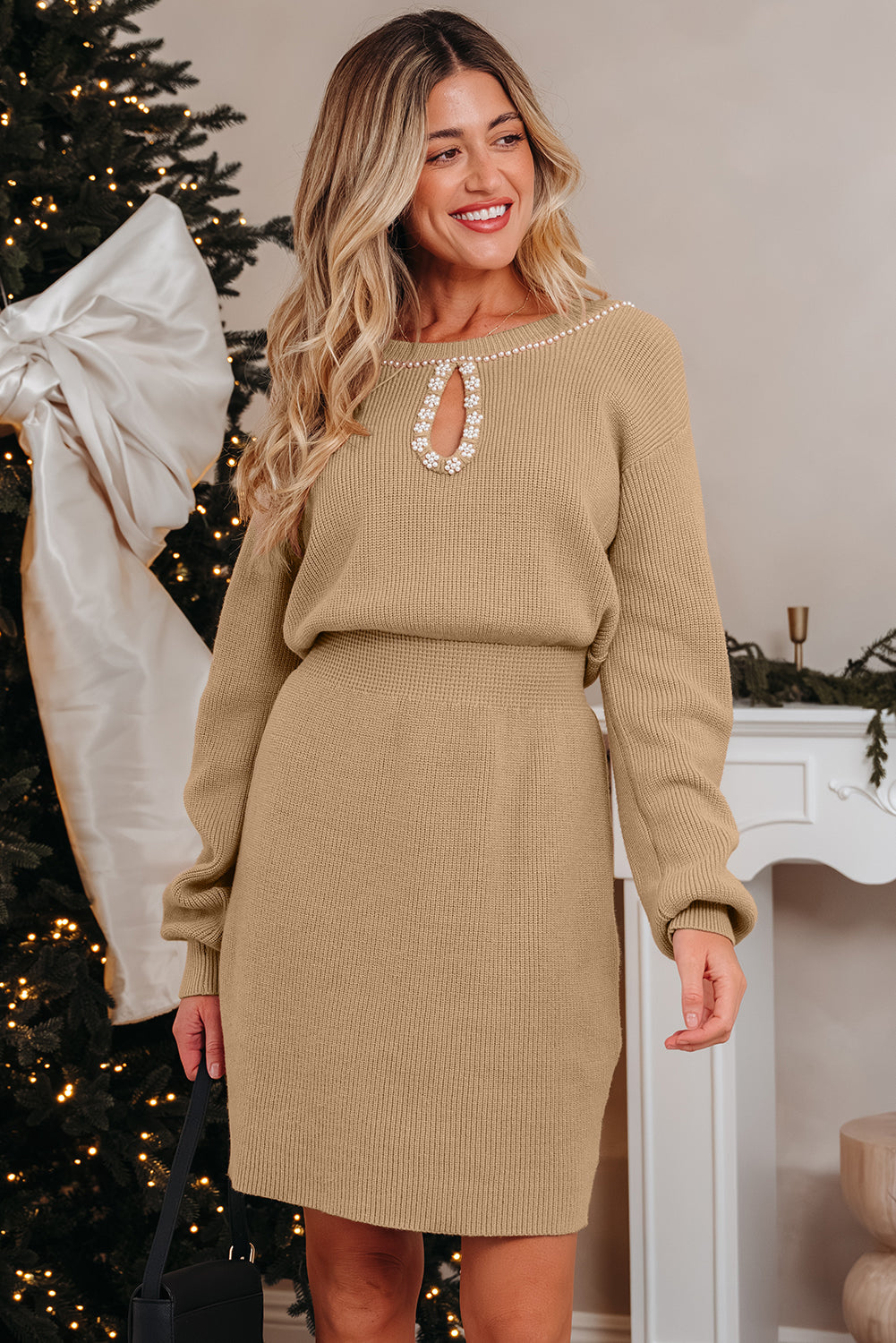 Latte Pearl-Embellished Keyhole Knit Dress