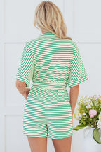 Cream and Green Stripe Belted Romper