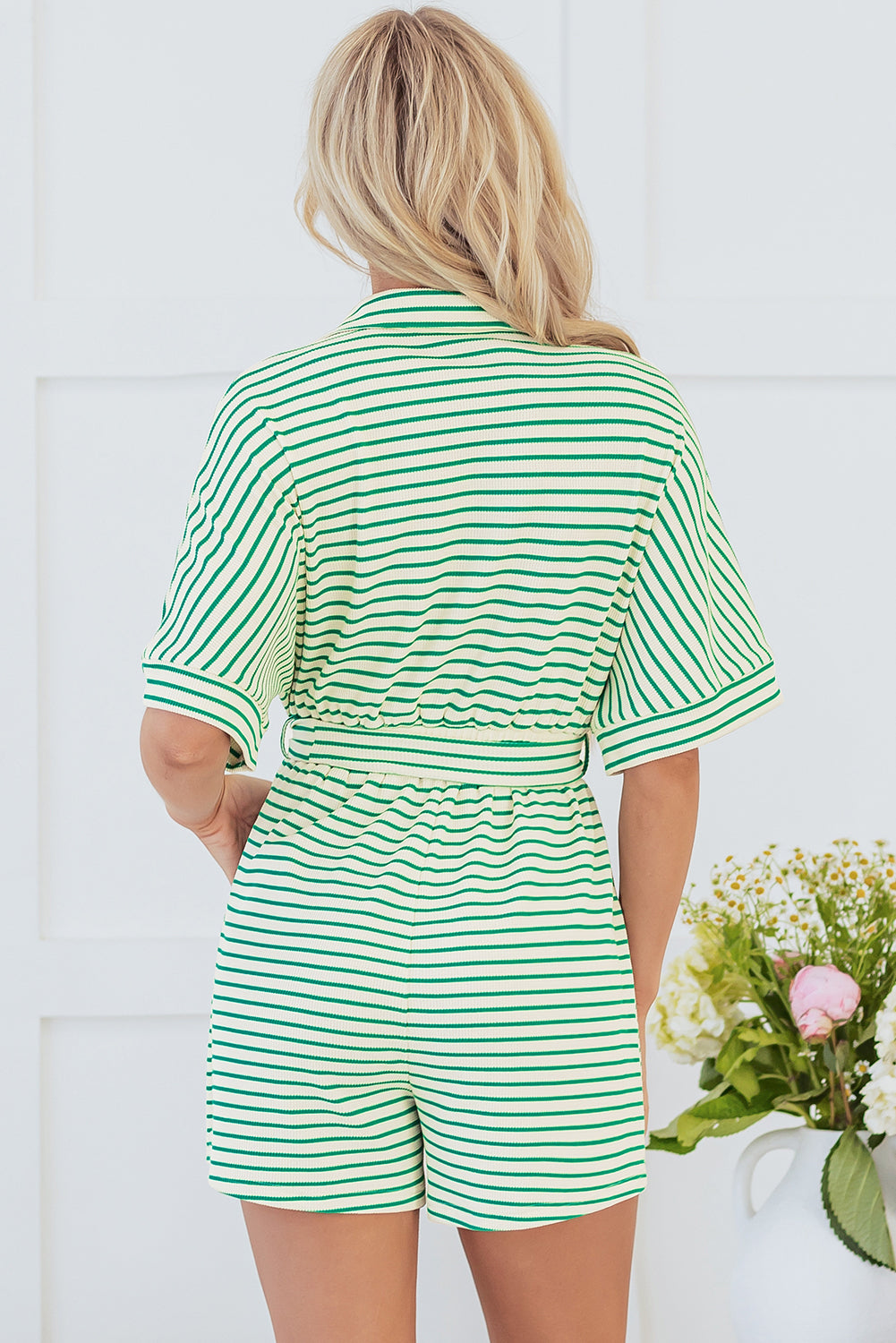 Cream and Green Stripe Belted Romper