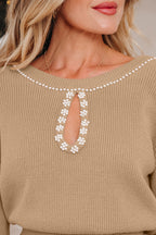 Latte Pearl-Embellished Keyhole Knit Dress
