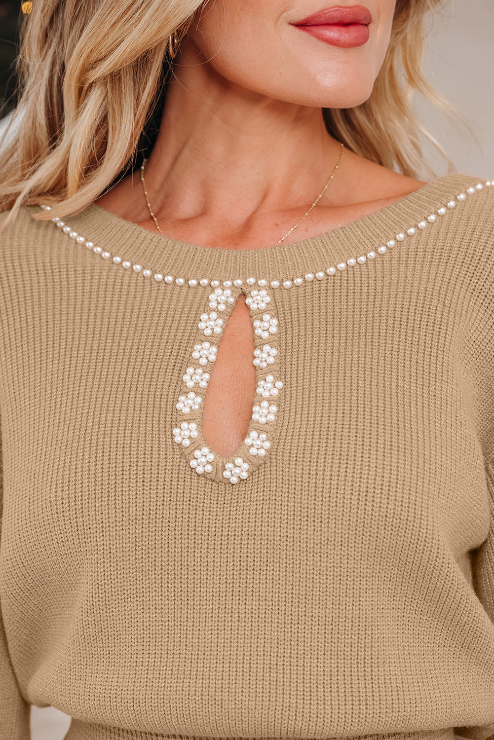 Latte Pearl-Embellished Keyhole Knit Dress
