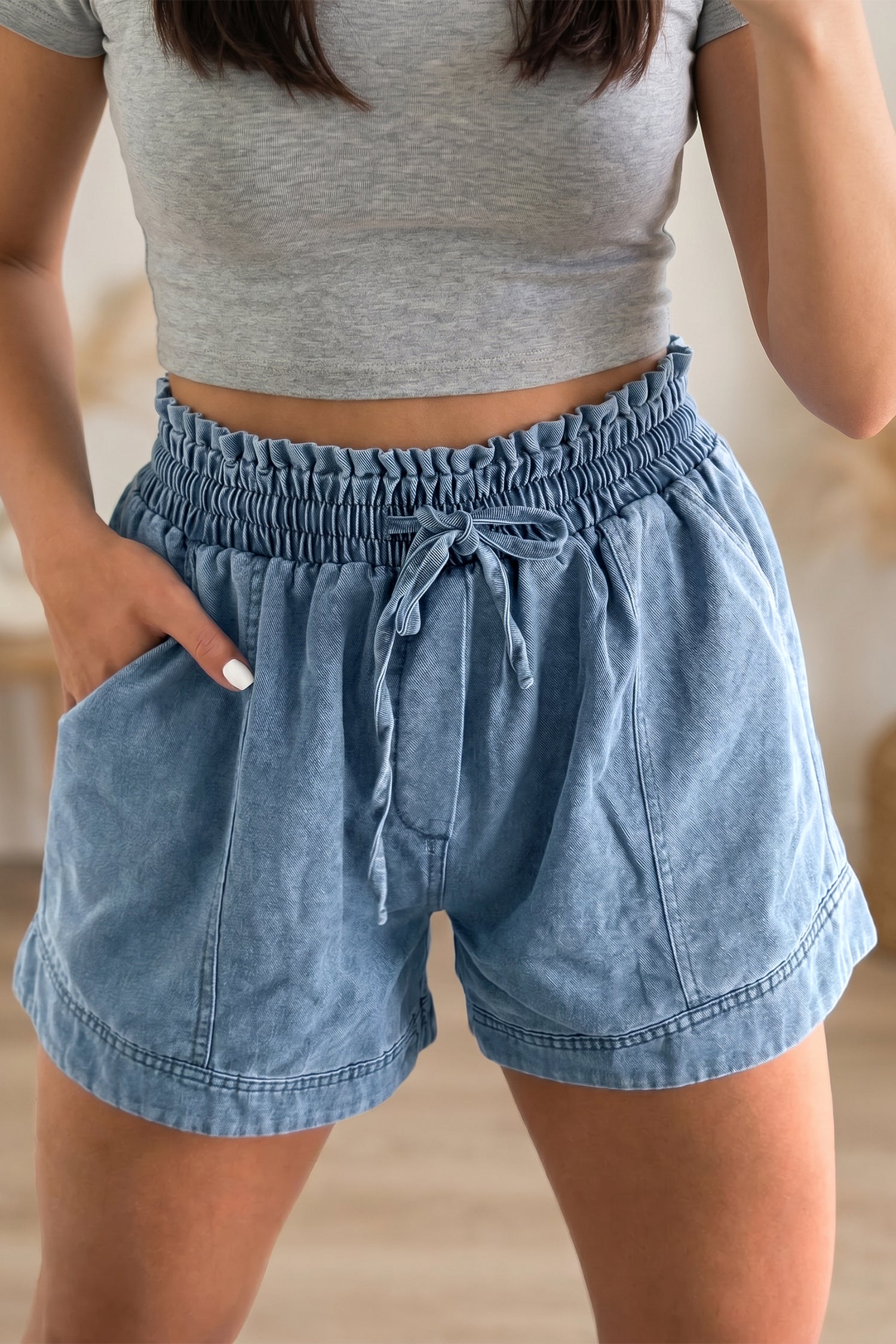 Light Wash Smocked High-Waist Denim Shorts