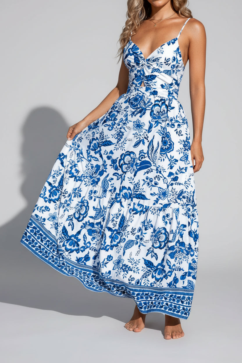 Blue and White Floral Knot Back Maxi Dress