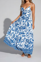 Blue and White Floral Knot Back Maxi Dress