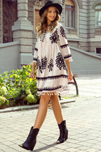 Vanilla Folk Print Tassel Trim Dress