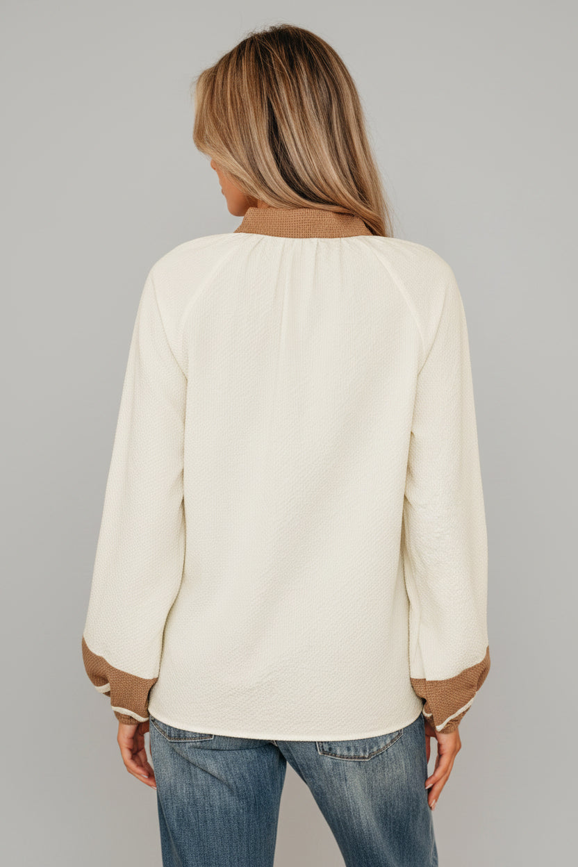 Cream Contrast Trim V-Neck Blouse