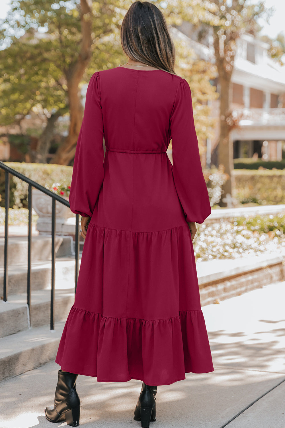 Cranberry Tiered Drawstring Maxi Dress