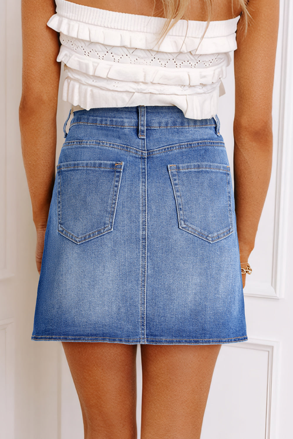 Mid Wash Asymmetric Wrap Denim Mini Skirt