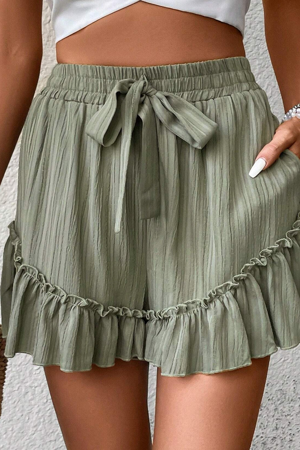 Sage Ruffle-Hem Tie-Waist Shorts
