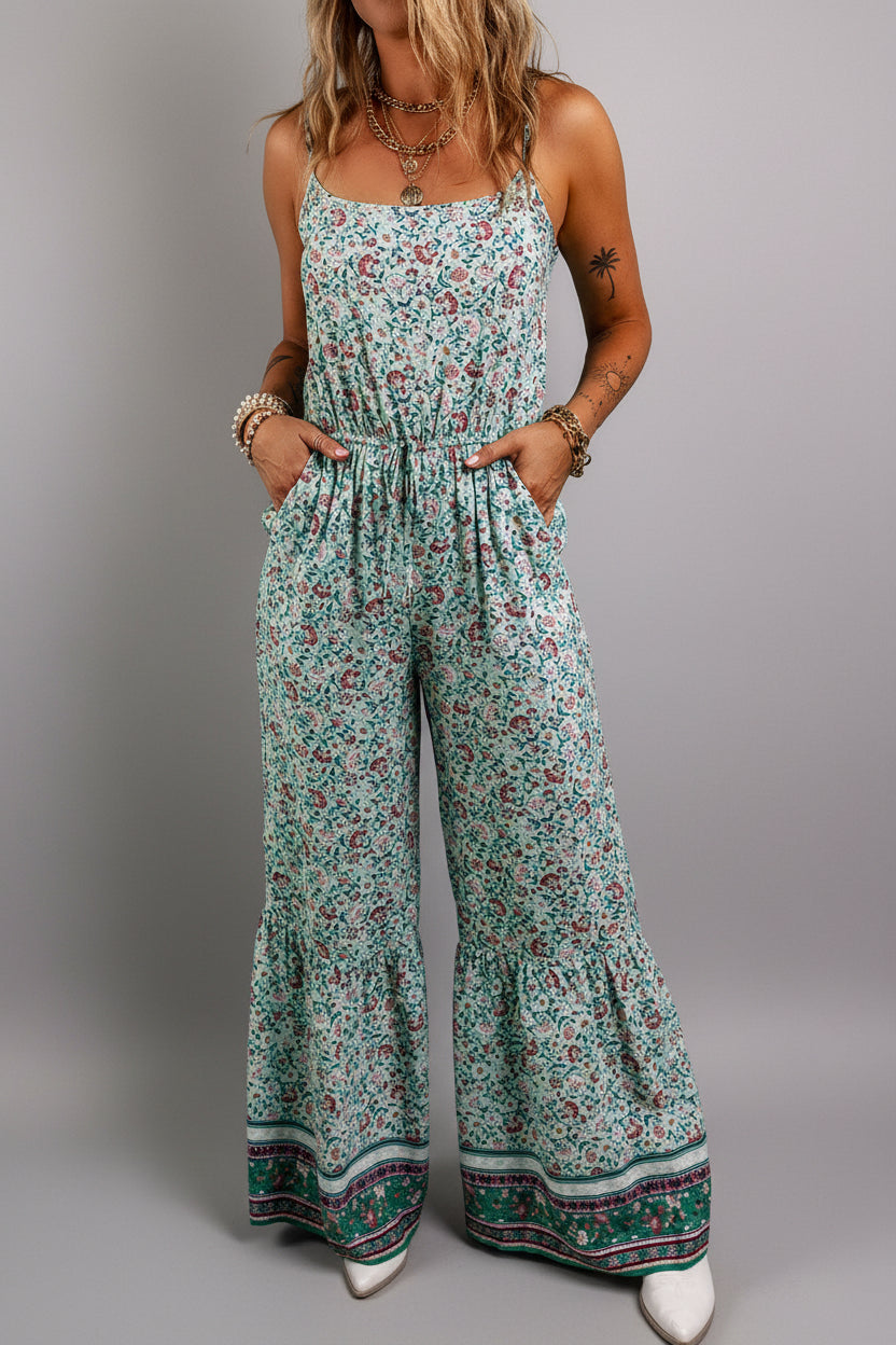Mint Boho Floral Wide-Leg Jumpsuit