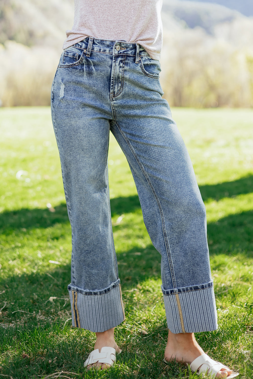 Light Wash Cuffed Wide Leg Jeans