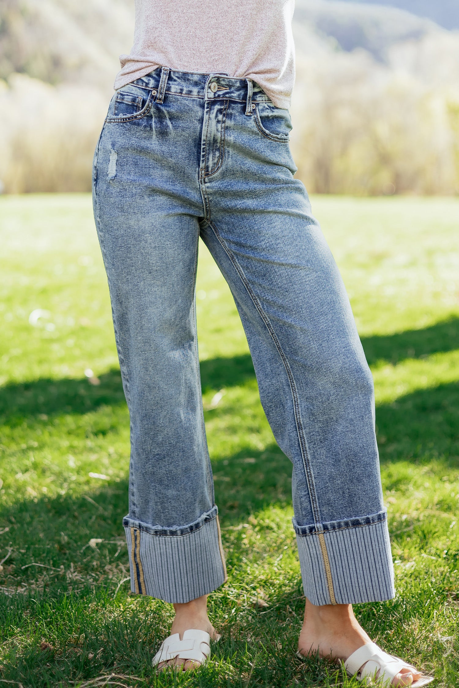 Light Wash Cuffed Wide Leg Jeans