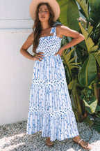 Blue and White Floral Stripe Maxi Dress