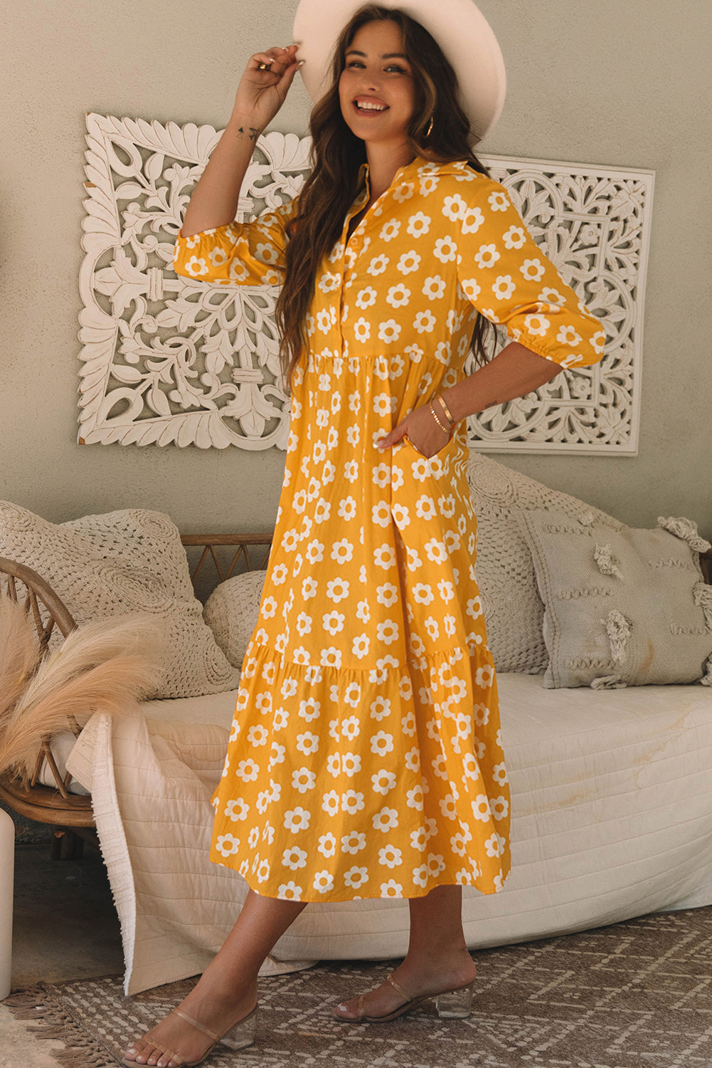 Mustard Daisy Print Tiered Midi Dress
