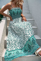 Teal and White Border Print Maxi Dress