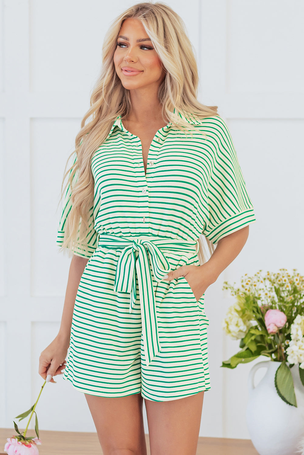 Cream and Green Stripe Belted Romper