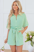 Cream and Green Stripe Belted Romper