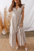 Tan and White Stripe Tiered Maxi Dress