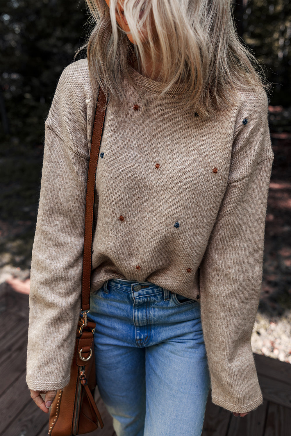 Oatmeal Embroidered Dot Knit Sweater