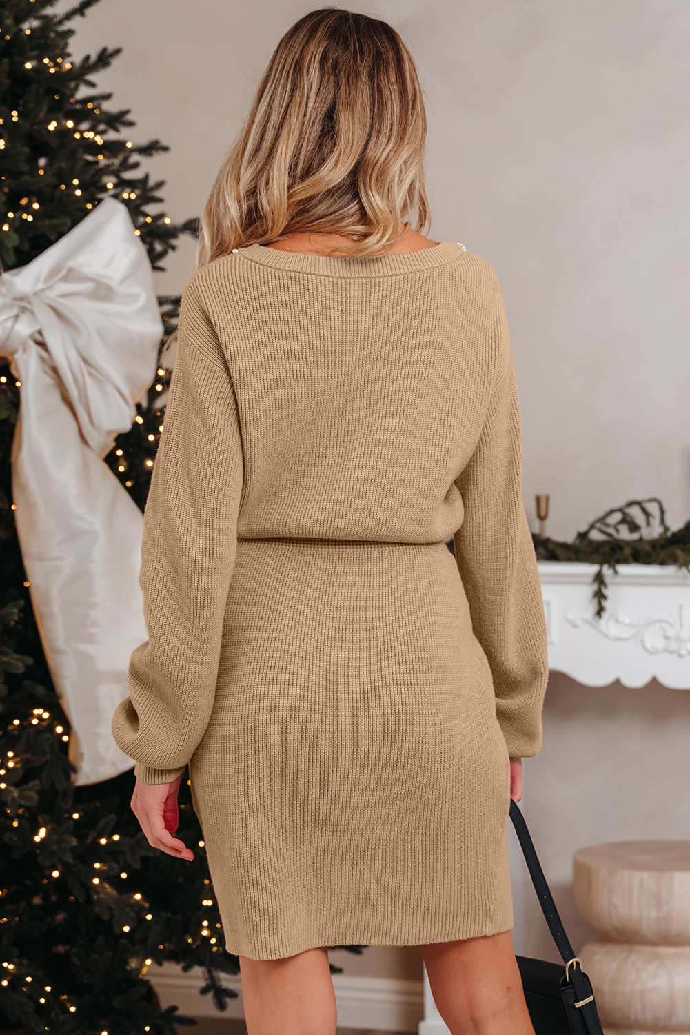 Latte Pearl-Embellished Keyhole Knit Dress