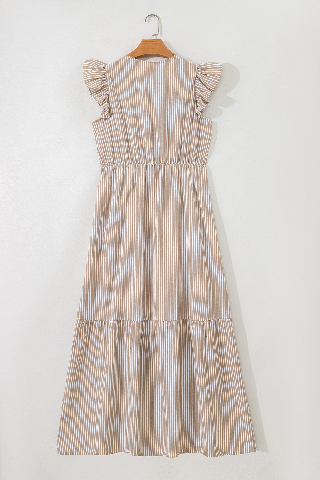 Tan and White Stripe Tiered Maxi Dress