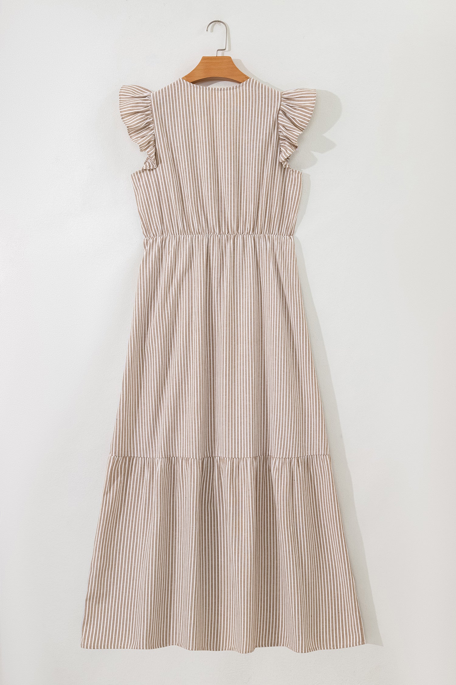 Tan and White Stripe Tiered Maxi Dress