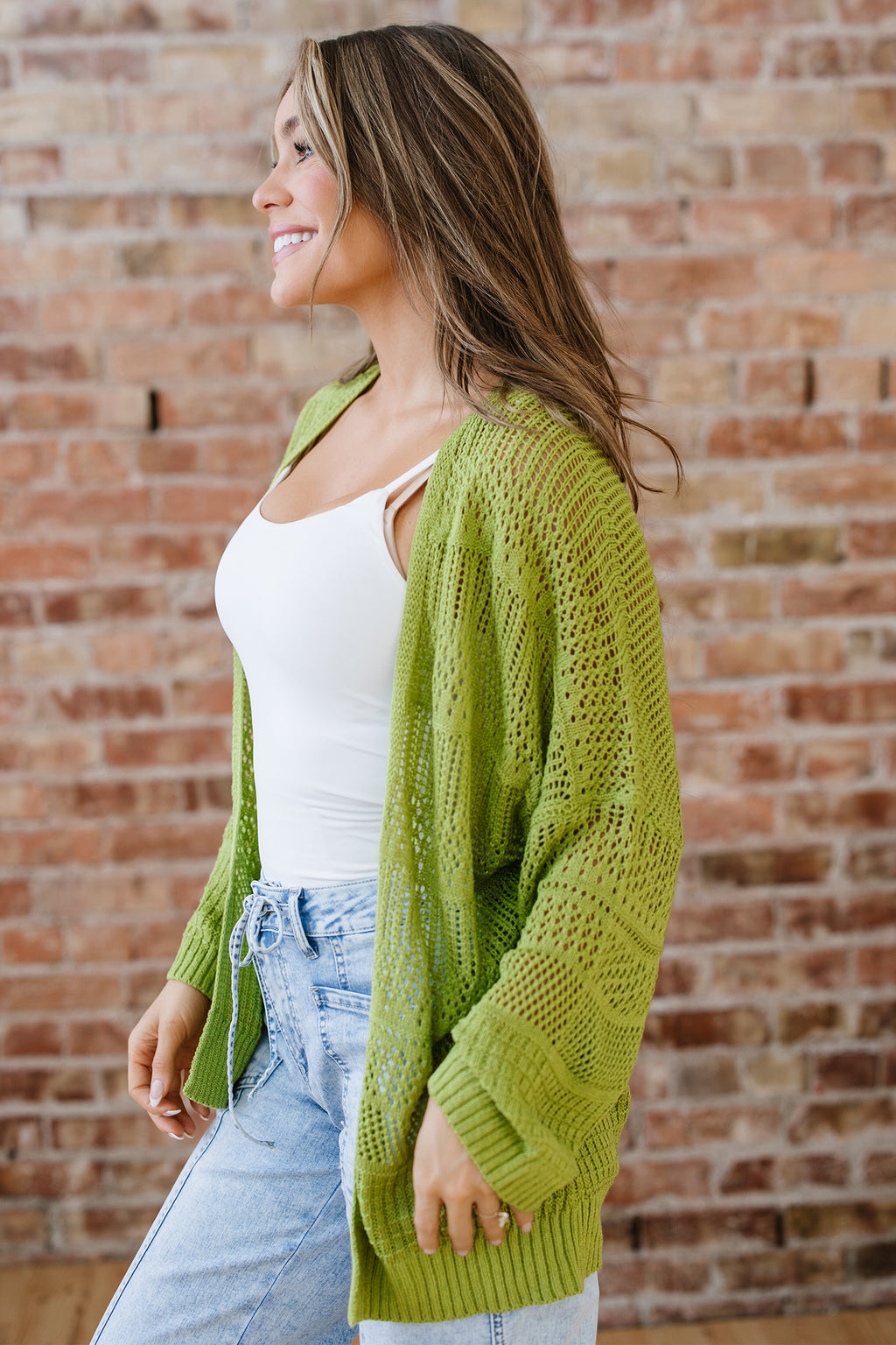 Pear Green Pointelle Open-Front Cardigan