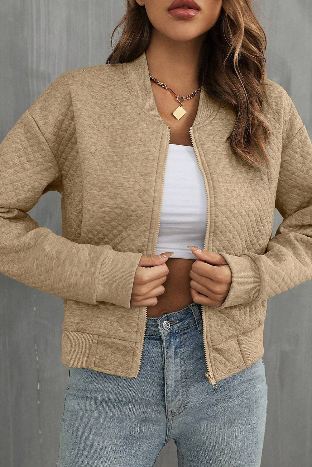 Latte Diamond Quilted Bomber Jacket