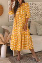 Mustard Daisy Print Tiered Midi Dress