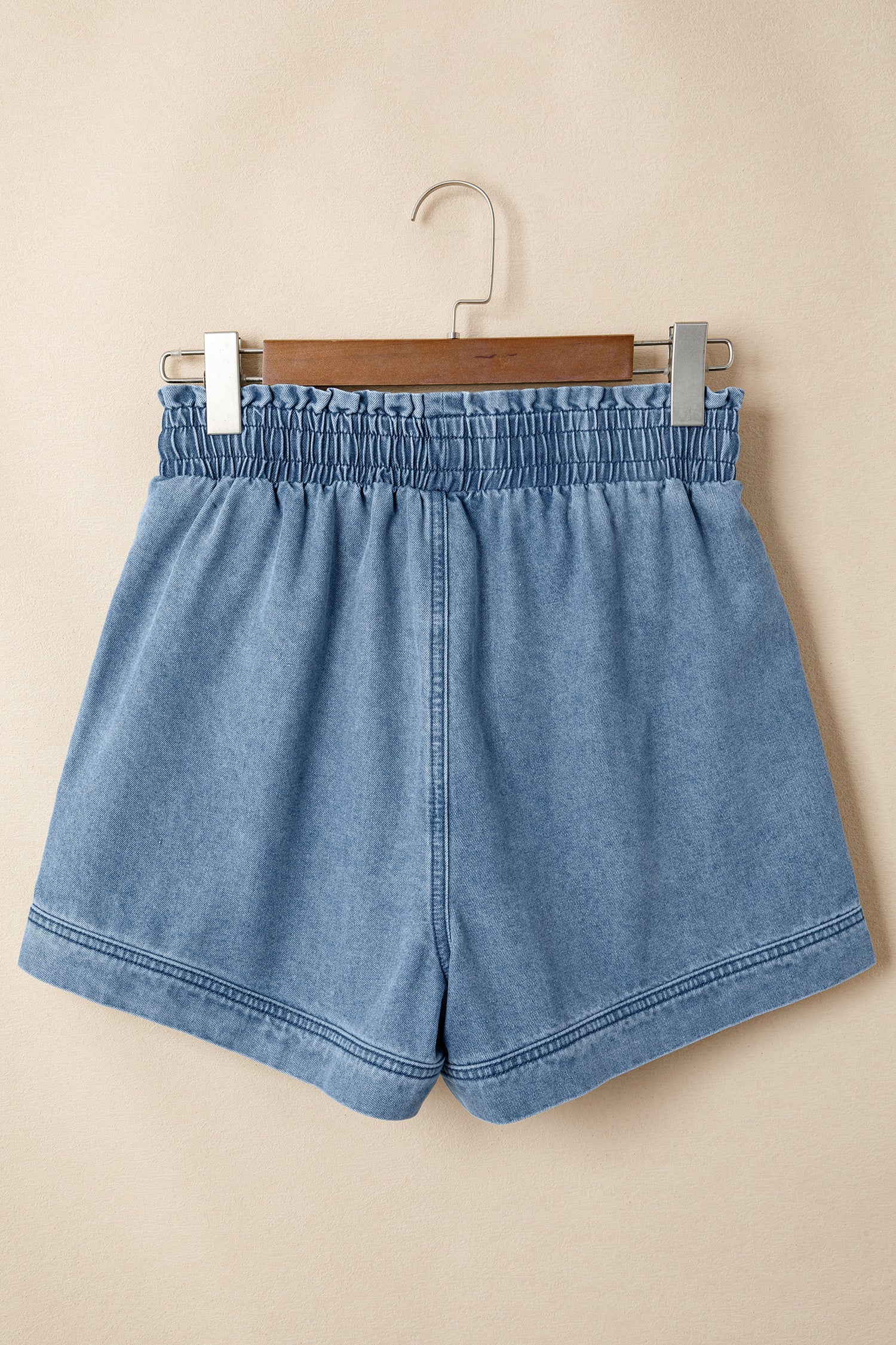 Light Wash Smocked High-Waist Denim Shorts