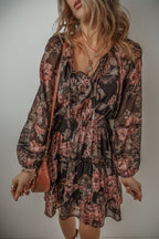 Black Rosewood Floral Tiered Mini Dress