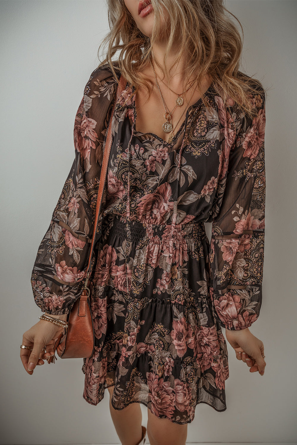 Black Rosewood Floral Tiered Mini Dress