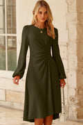 Olive Ruched Waist Balloon Sleeve Midi Dress