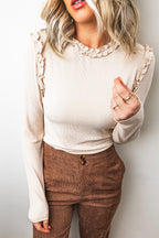 Vanilla Ruffle Trim Ribbed Long Sleeve Top