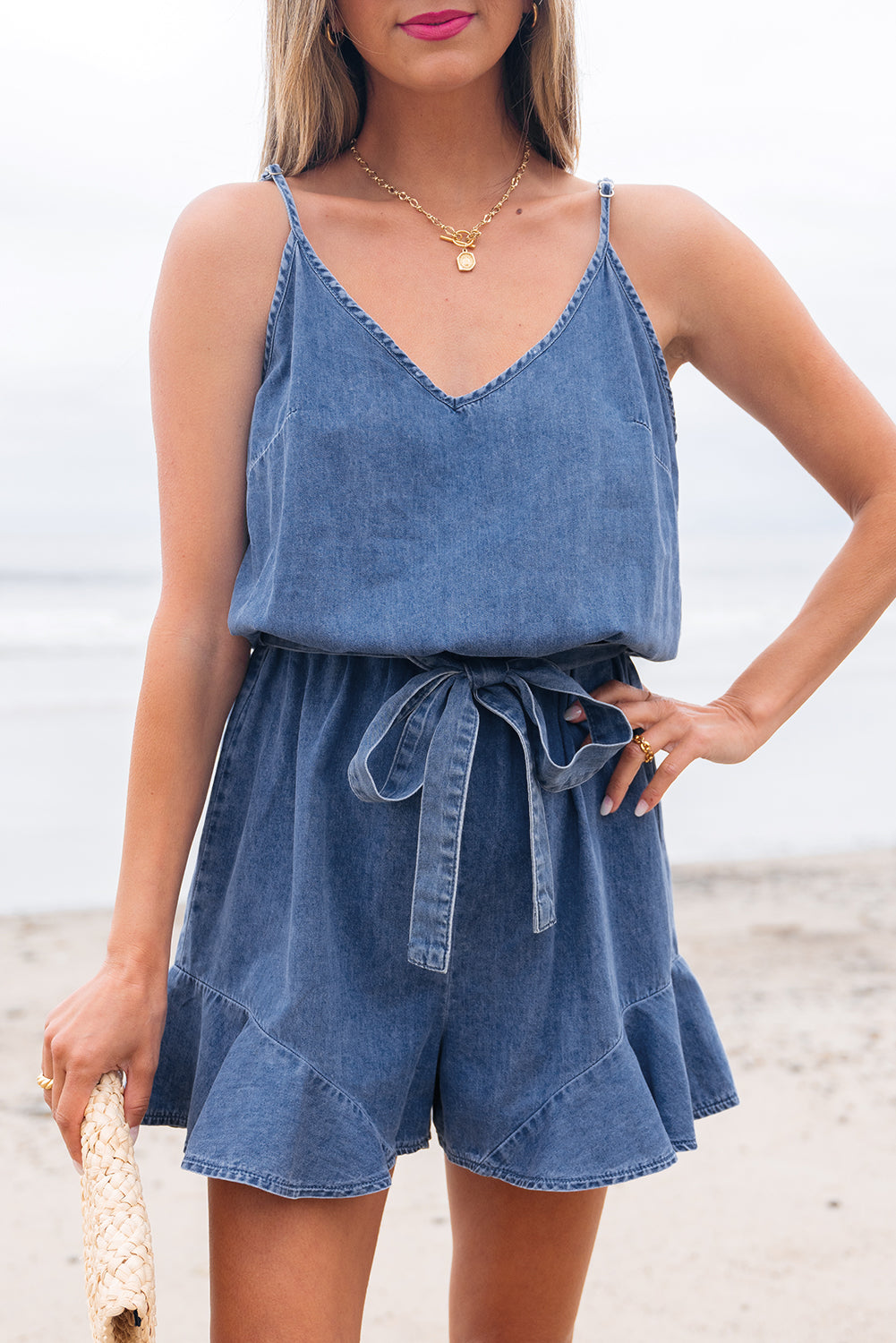 Mid Wash Chambray Ruffle Romper