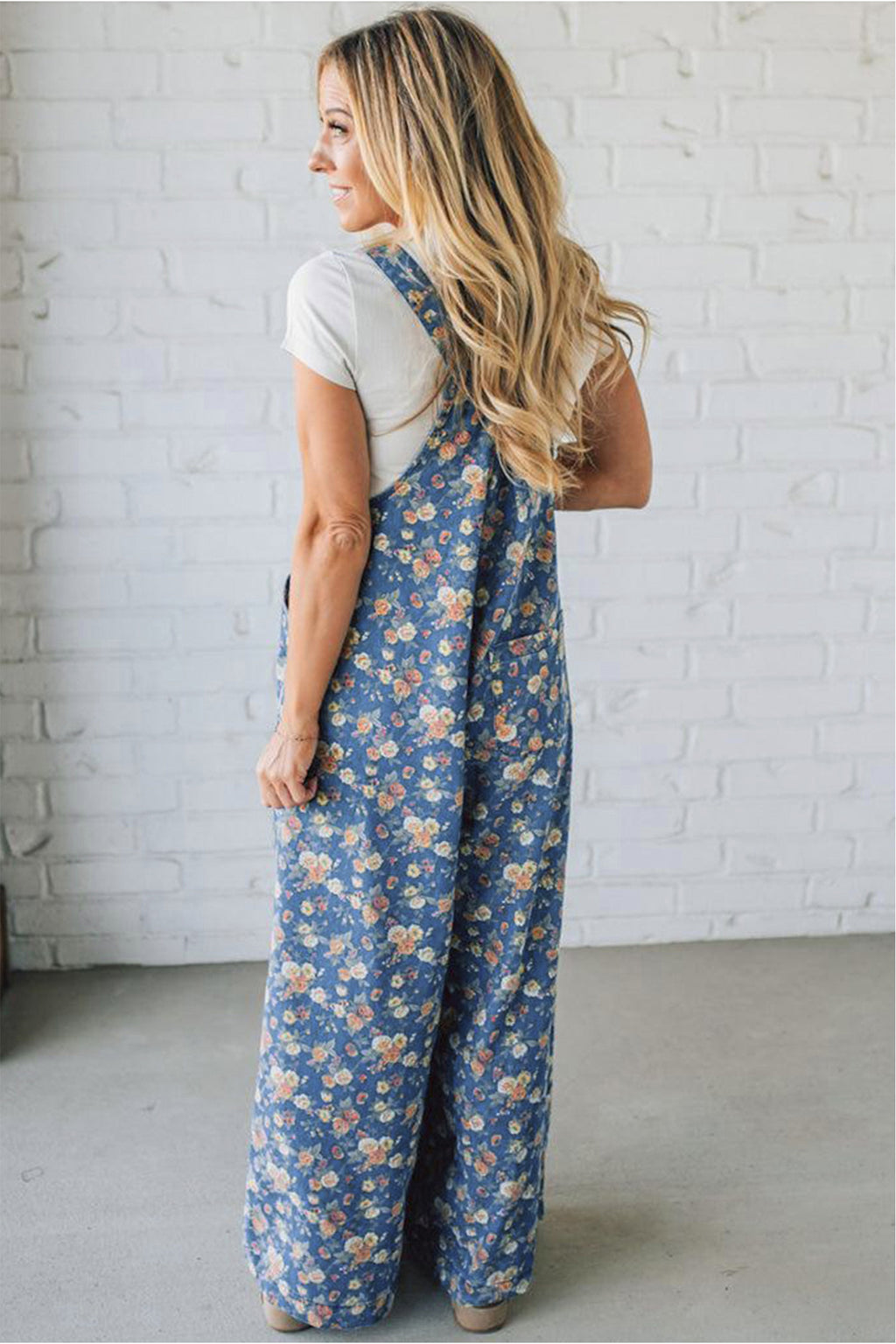 Dusty Blue Floral Wide Leg Overall Jumpsuit
