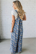 Dusty Blue Floral Wide Leg Overall Jumpsuit