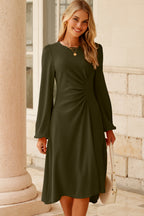 Olive Ruched Waist Balloon Sleeve Midi Dress