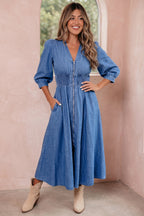 Mid Wash Denim Zip Front Midi Dress