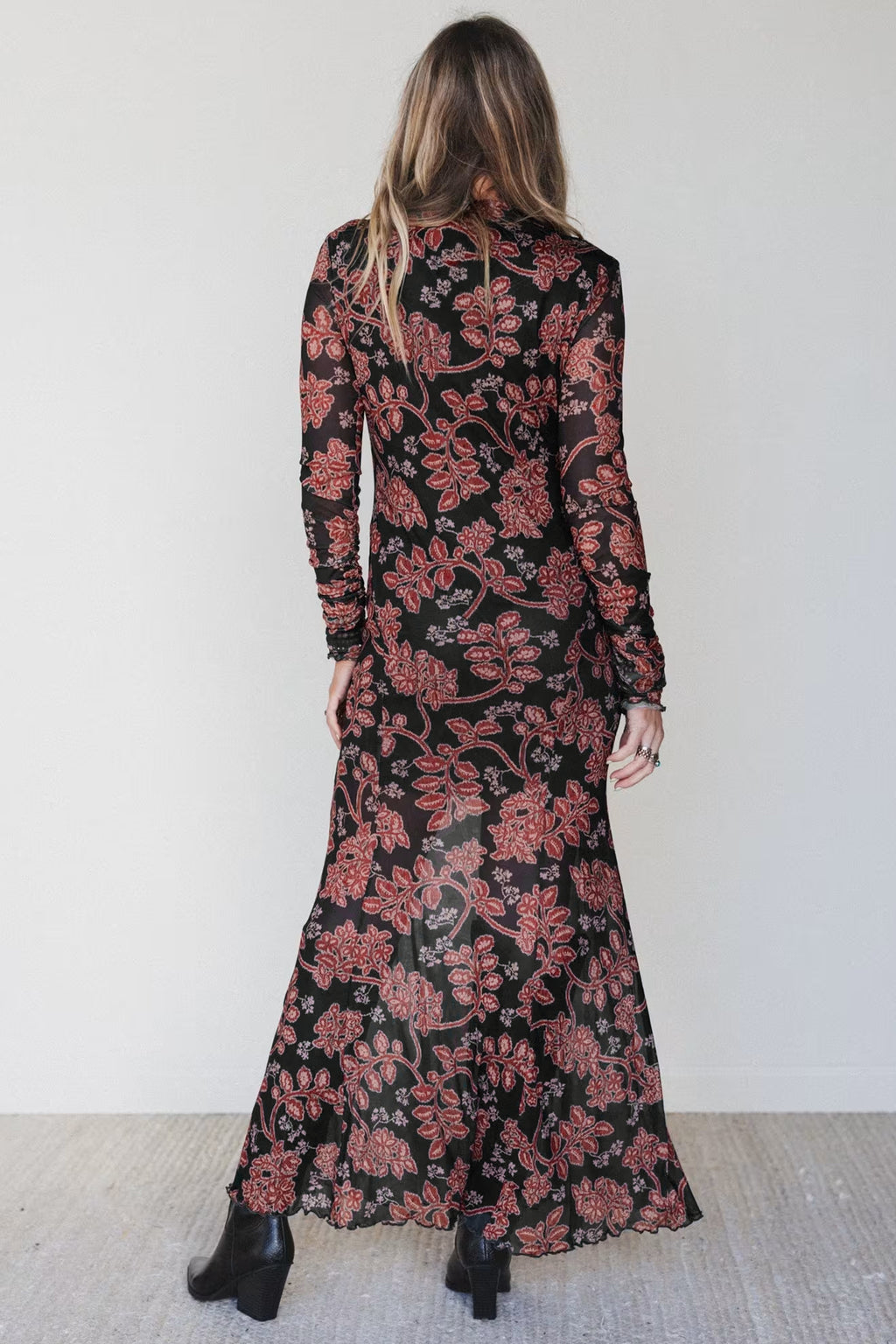 Black Floral Mesh Mermaid Midi Dress