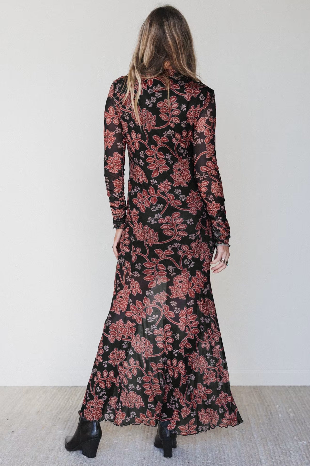 Black Floral Mesh Mermaid Midi Dress