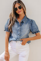 Mid Wash Puff Sleeve Denim Shirt